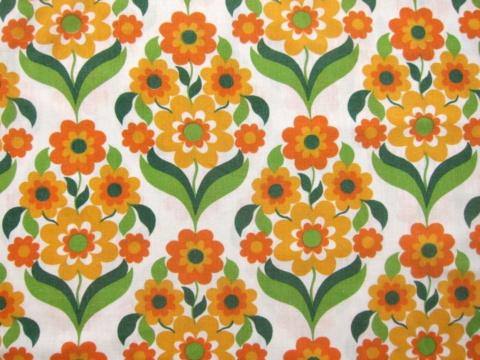 オレンジ系花柄  ヴィンテージ 布地 60年代〜70年代111cm×212cm