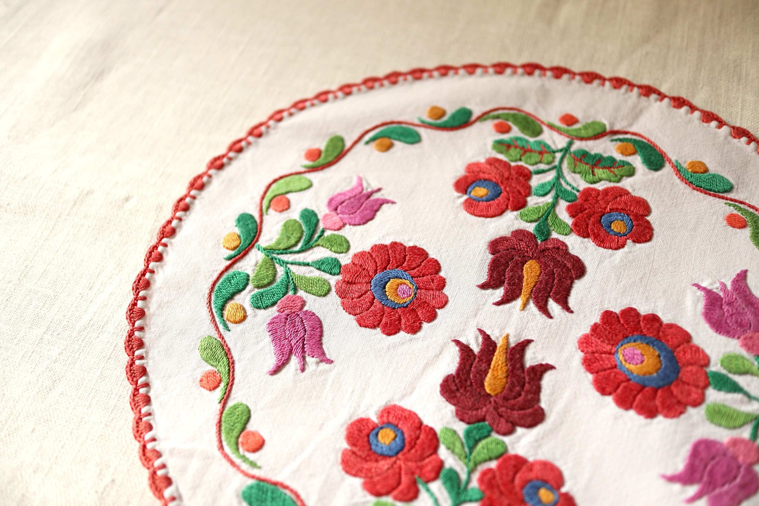両面刺繍が美しいレトロな花模様円形クロス